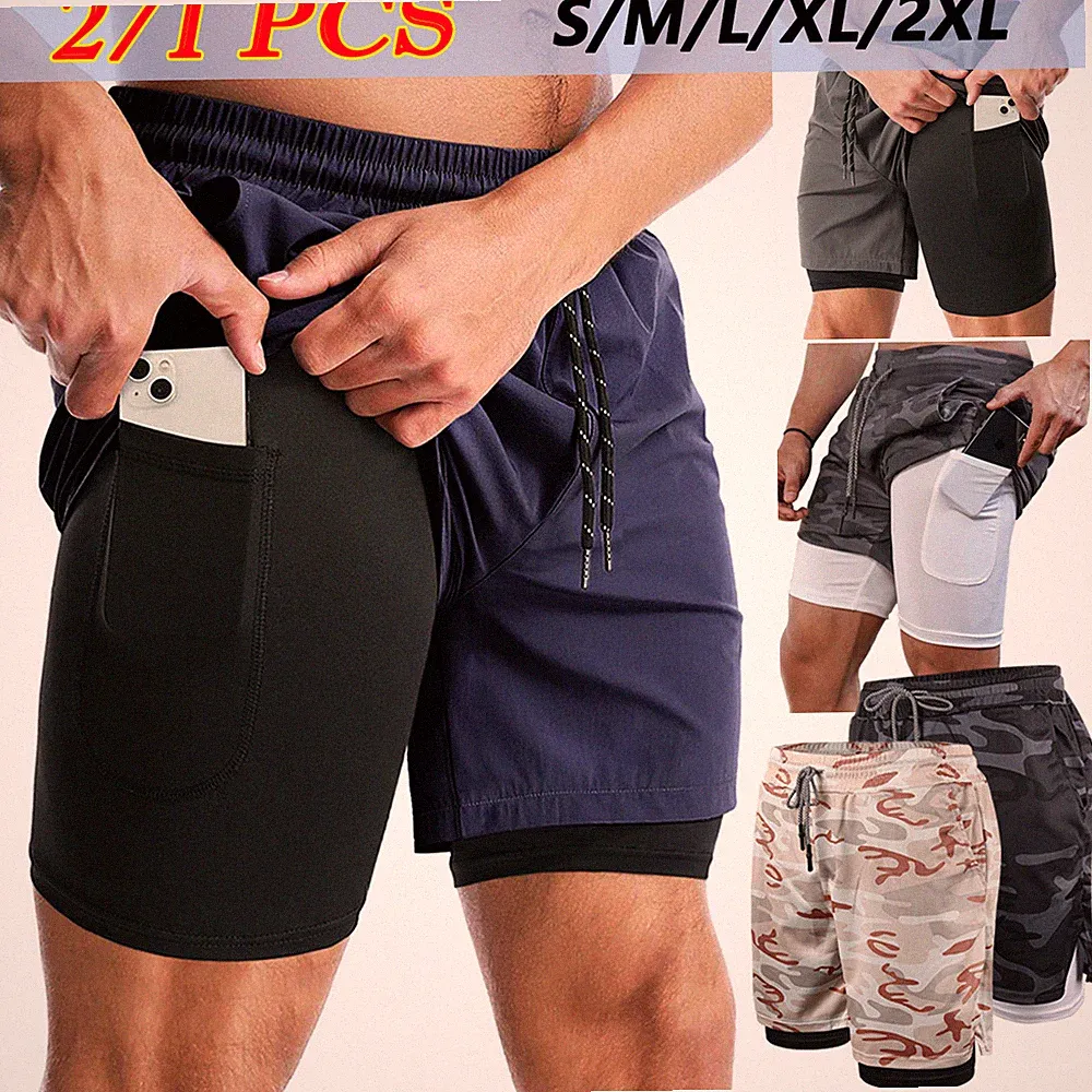 1-2 PCS Herren 2 in 1 Shorts Fitness Sporthose Kurz Jogginghose Laufhose Taschen