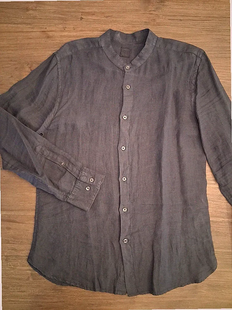 120% LINO Luxus Herren Leinenhemd Gr. L Anthrazit Stehkragen Slim Fit Top