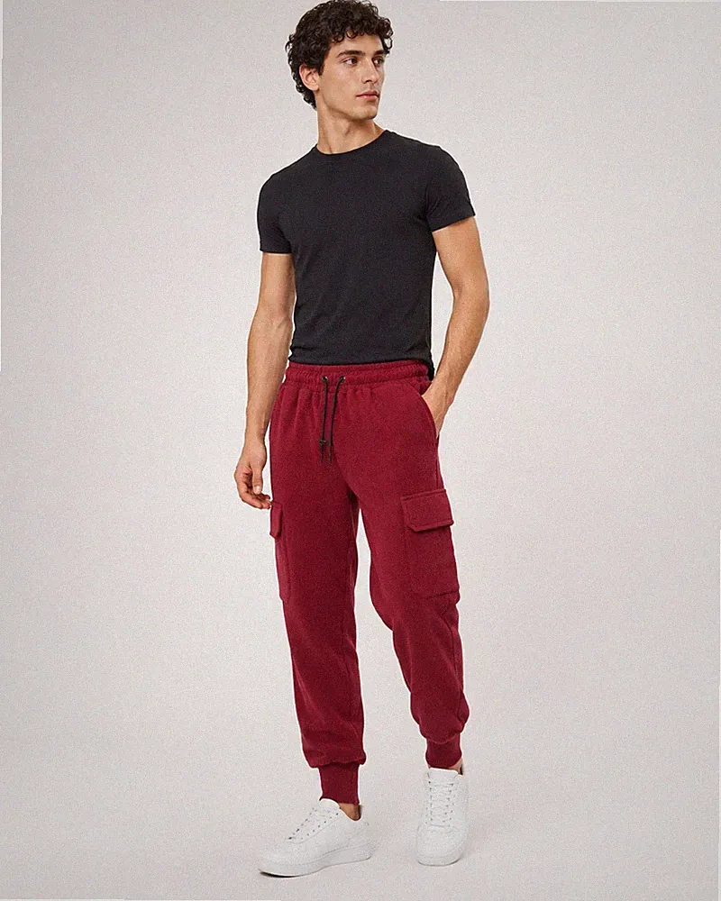 AARHON Herren Cargo Jogginghose S Bordeaux Jogger Freizeit Hose Kordelzug