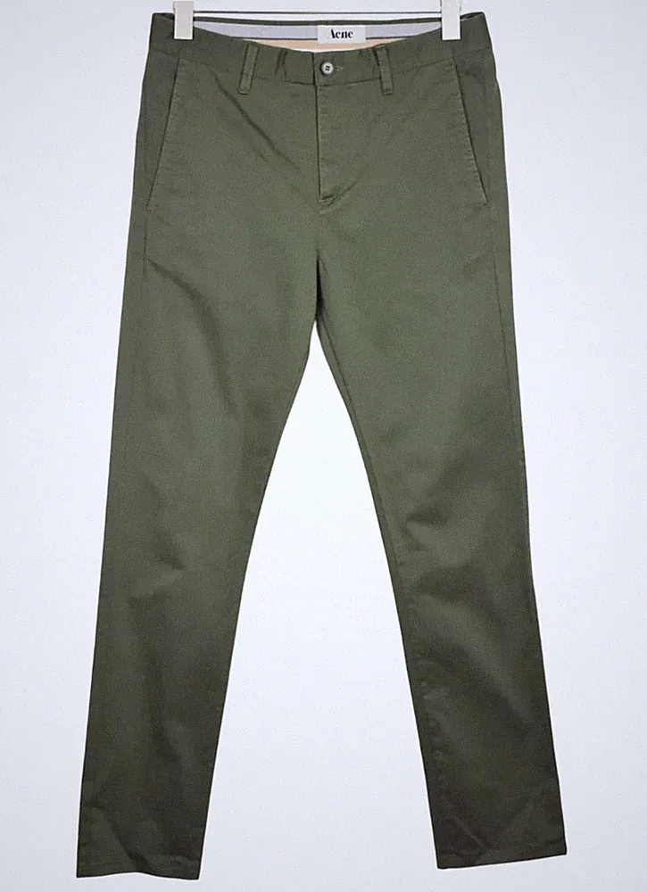 Acne Roc Satin Hose Herren (Eu) 46 Chino Stretch Grün Enges Bein Reißverschluss