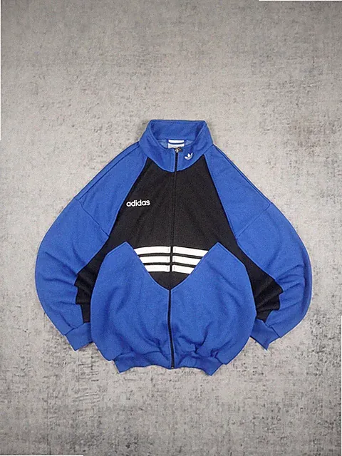 Adidas Herren Sportjacke L Strick Zip Stehkragen gestreift blau schwarz weiß