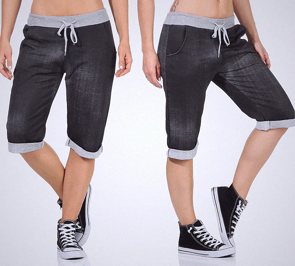 Bermuda Shorts Damen Jeans-Optik knielang Jogginghose Sweatshorts mit Taschen