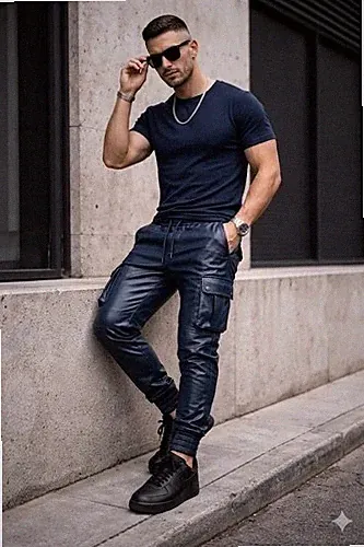 Blaue Cargo Biker Lederhose für Herren. Echt weiches Lammleder Jogginghose...