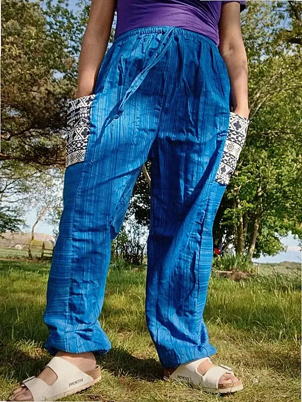 Blaue Sommerhose Baumwolle weites Bein Thai Haremshose Yoga Jogginghose Herren Damen