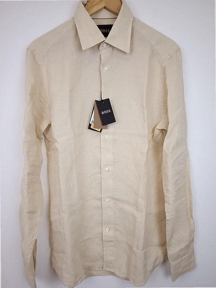 BOSS Camel L-Hays-Kentw Herren Leinenhemd Slim Fit Weiß M 40 Neu mit Etikett