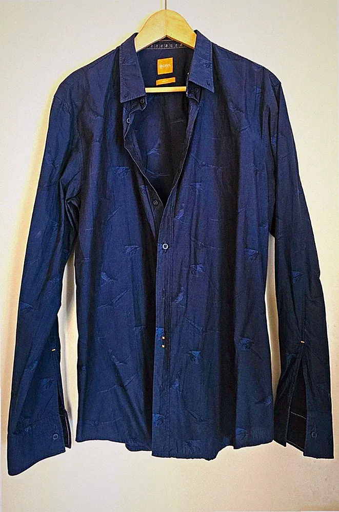 BOSS Hugo Boss Herrenhemd Slim Fit Vogelmuster Blau Langarm Größe L