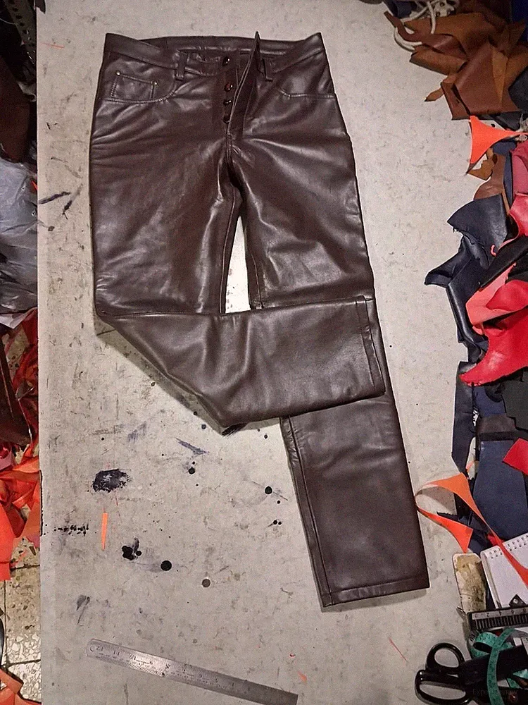 Braune doppellagige Herren Lederhose | Echt weiches Lammleder Jogginghose 34