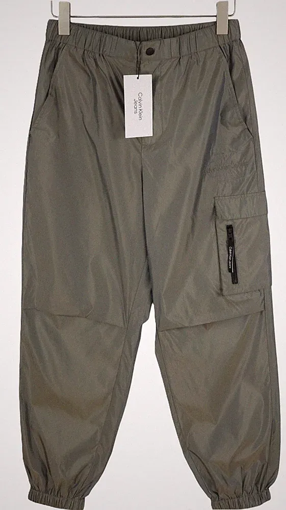 CALVIN KLEIN Herren Hose L Grau Elastischer Bund Shiny Look Zip Cargo