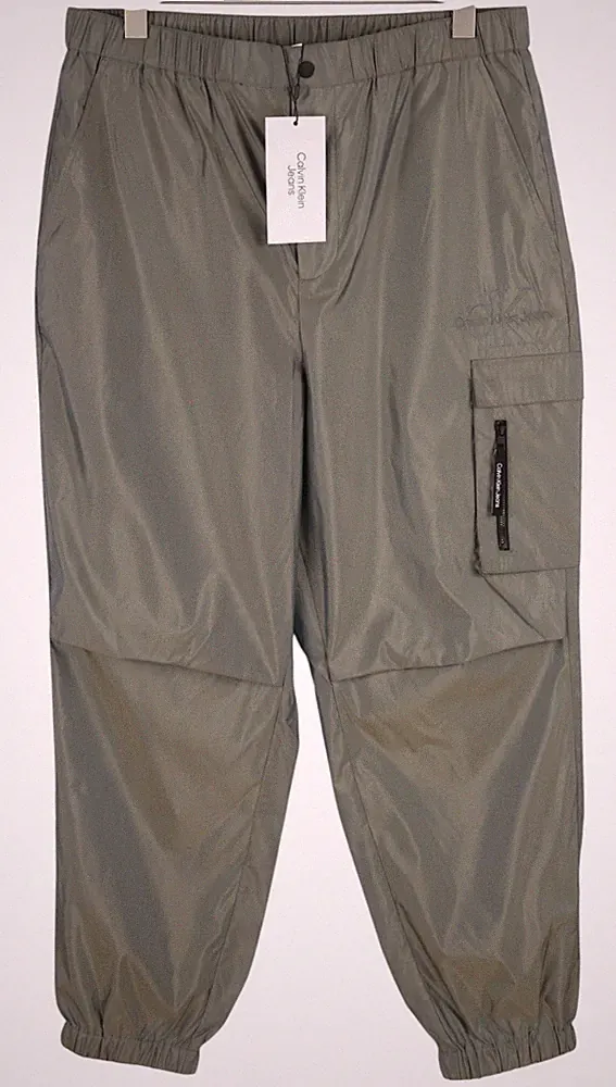 CALVIN KLEIN Herren Hose XL Grau Glänzender Look Elastex B?nd Track Zip Cargo