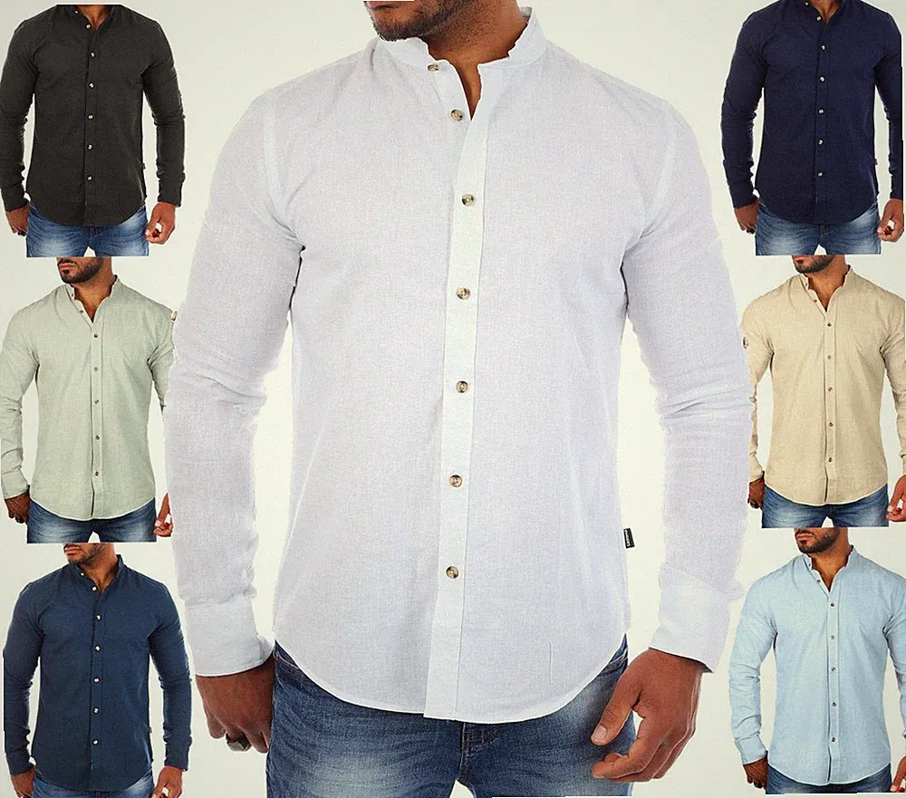 Carisma Herren Leinen Baumwoll Mix Stehkragen Hemd uni langarm regular fit 8389