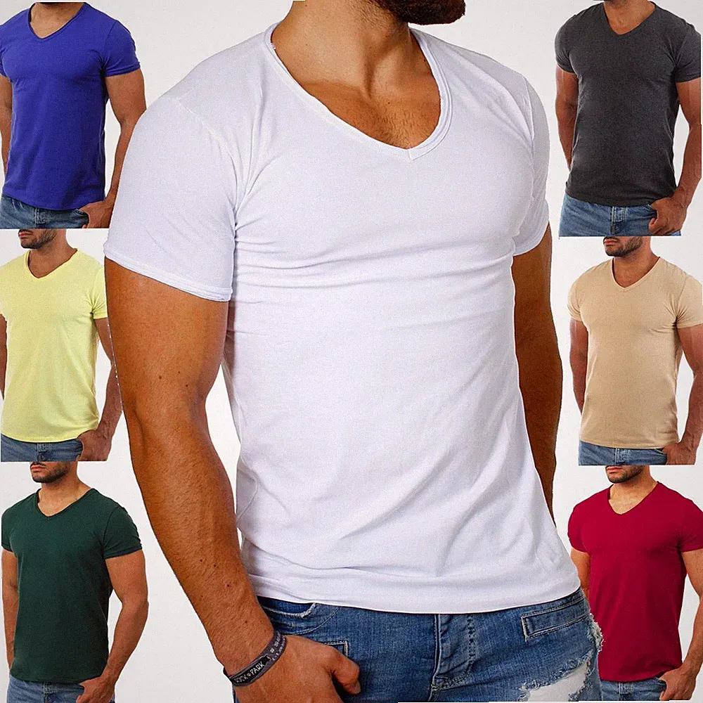 Carisma Herren T-Shirt tiefer V-Ausschnitt einfarbig slimfit dehnbare Passform