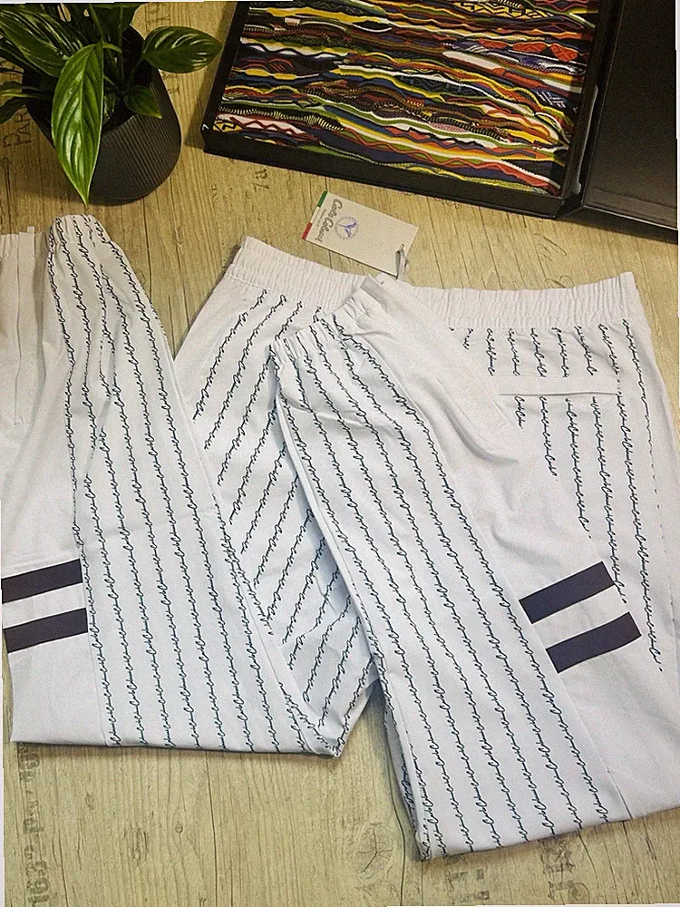 Carlo Colucci Jogginghose Herren XL weiß/blau gestreift elastischer Bund C5093