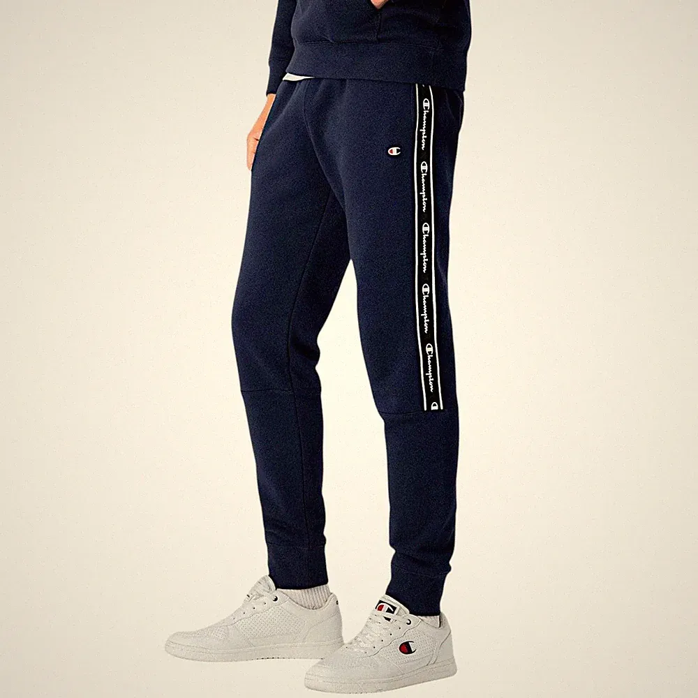 Champion Herren Tape Einsatz Baumwoll Fleece Trainingshose Jogger Navy Retro