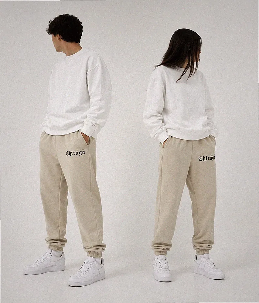 Chicago Jogginghose Beige L Baumwolle/Polyester mit Print, Taschen, gerades Bein