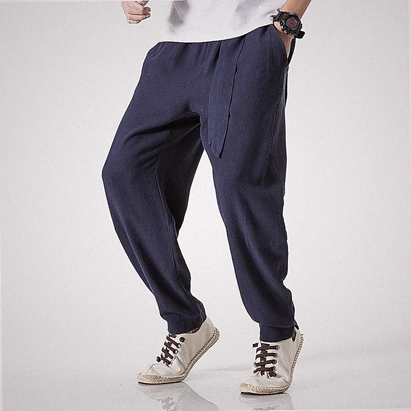 Chinesisch Herren Solid Leinen Jeans Hose Weit Harem Hose Kung Fu Jogging SPORTS