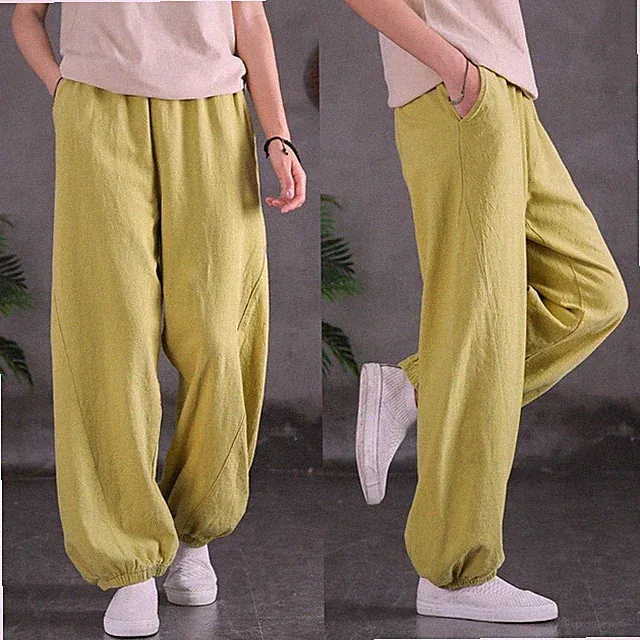 Damen Baumwolle Leinen Hose Jogginghose Training Jogger Lose Freizeit Breit Bein