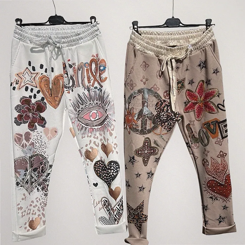 Damen Bedruckte Jogginghose Jogger pants Peace Love Smile Made in Italy