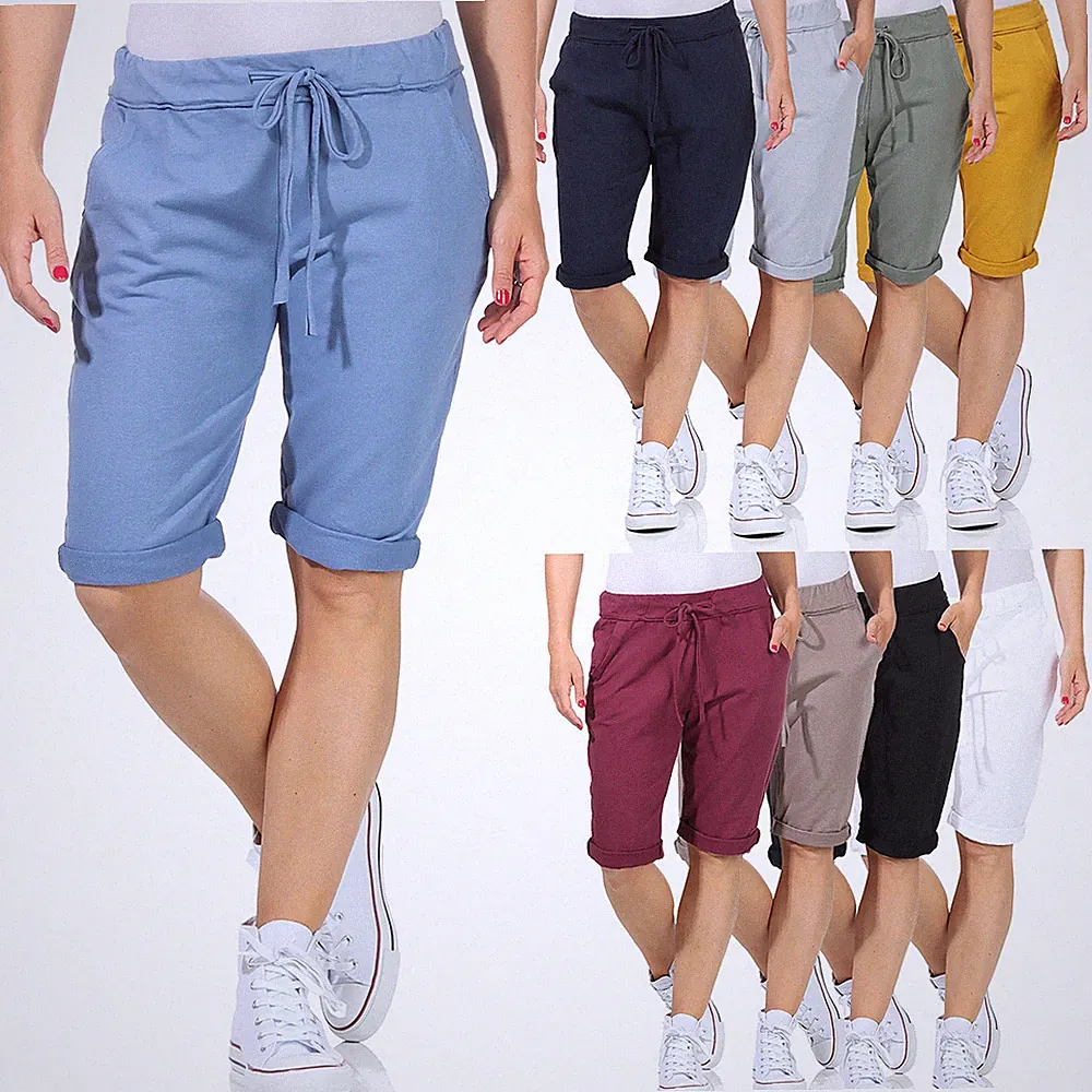 Damen Bermuda Shorts Hose Capri kurze Chino Sommer Stoffhose Fitness Jogging