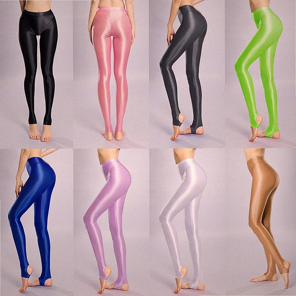 Damen Glossy Nylon Tights Steg Sporthose Fitnesshose Skinny Elastisch Kleidung