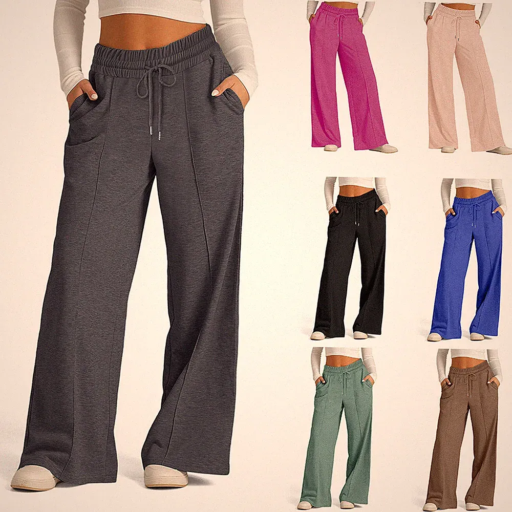 Damen Hoher Taille Weites Bein Freizeithose Sweatpants Jogginghose Baggy Hosen