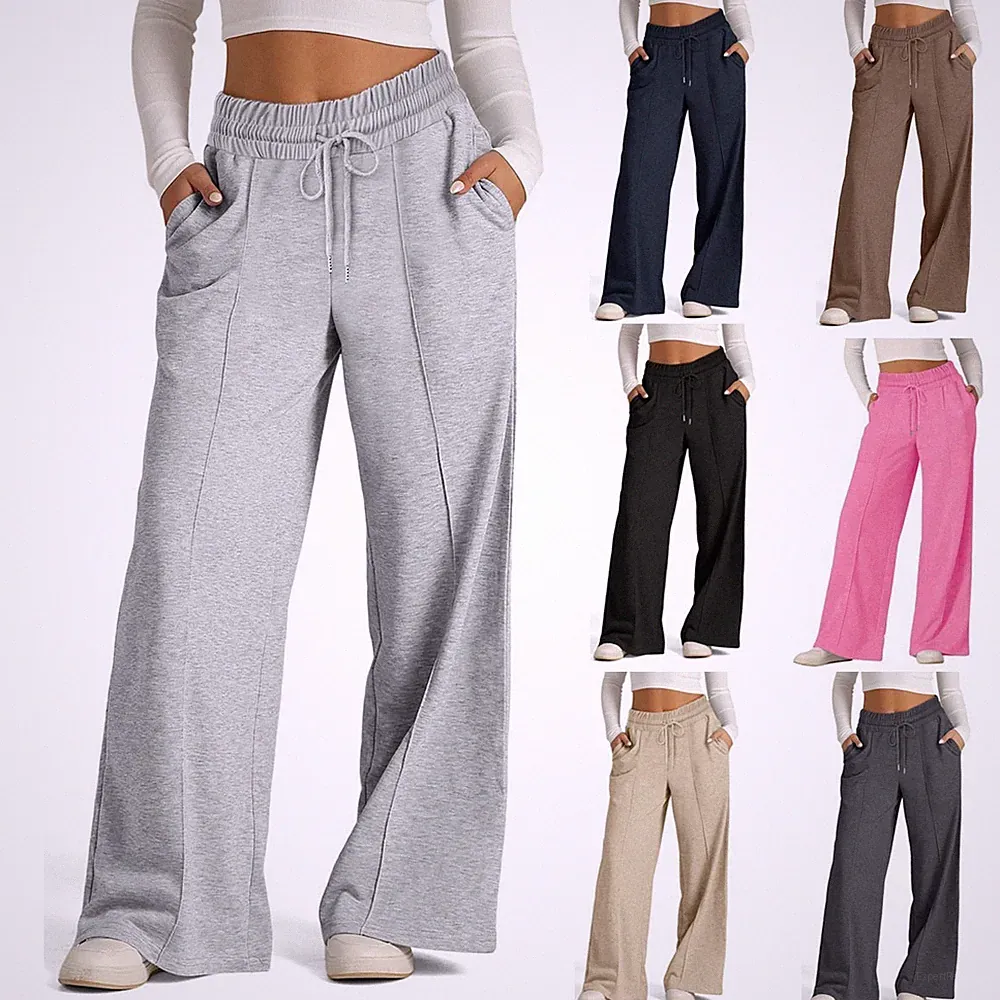 Damen Hoher Taille Weites Bein Freizeithose Sweatpants Jogginghose Baggy HosenDE