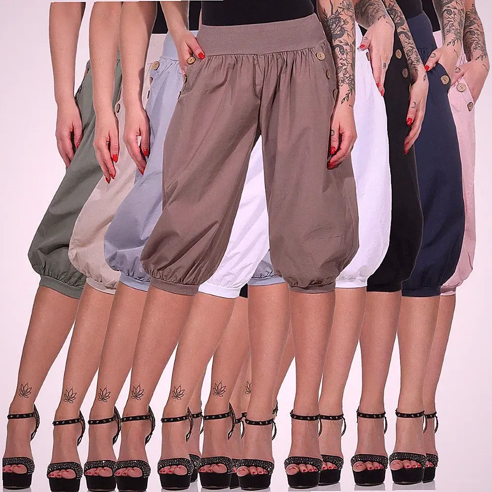 Damen Hose Capri Freizeithose Baggy Haremshose Baumwolle