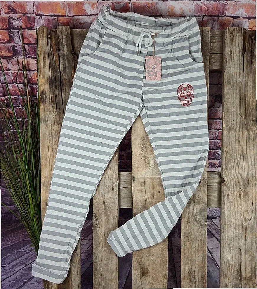 Damen Hose Italy Baggy Jogging Pants stretch Sport Maritim GRAU WEIß 36 38 40