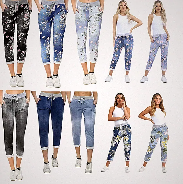 Damen Italienische Jogginghose Blumenmuster Baumwolle Hose Leggings Magic Pants Jeans