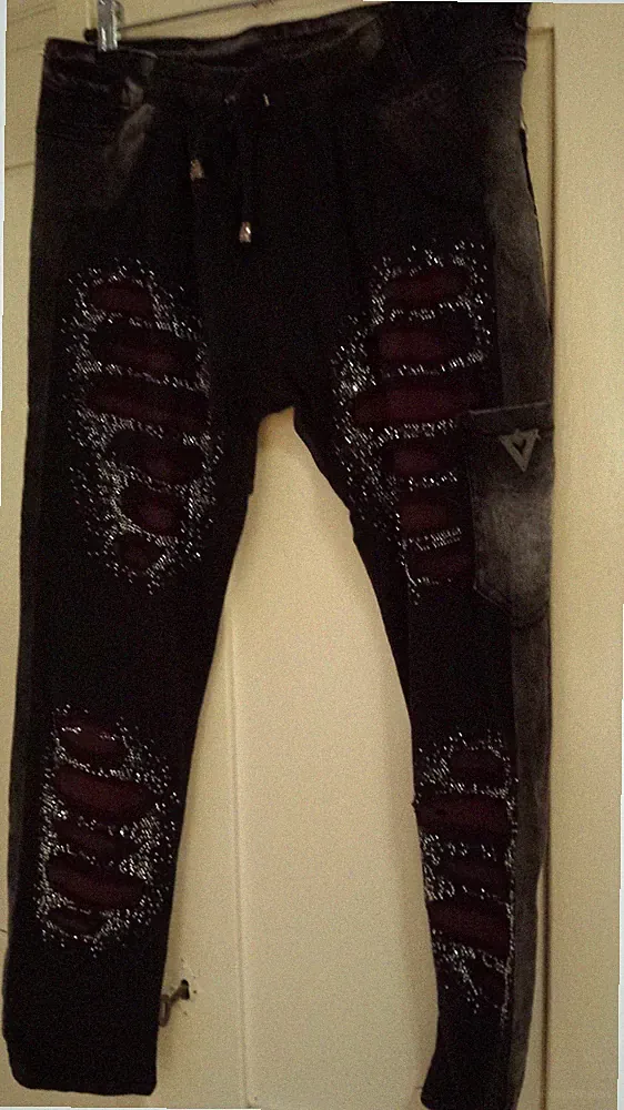 Damen Jeans-Jogging-Hose, Gr.M, schwarz-used, mit Glitzer, Kordelzug