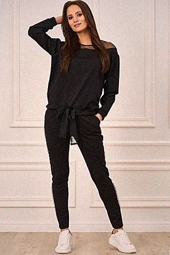DAMEN JOGGING ANZUG 2TEILIG PULLI HOSE TRANSPARENT GLANZ STRIPES SCHWARZ GR.S-XL