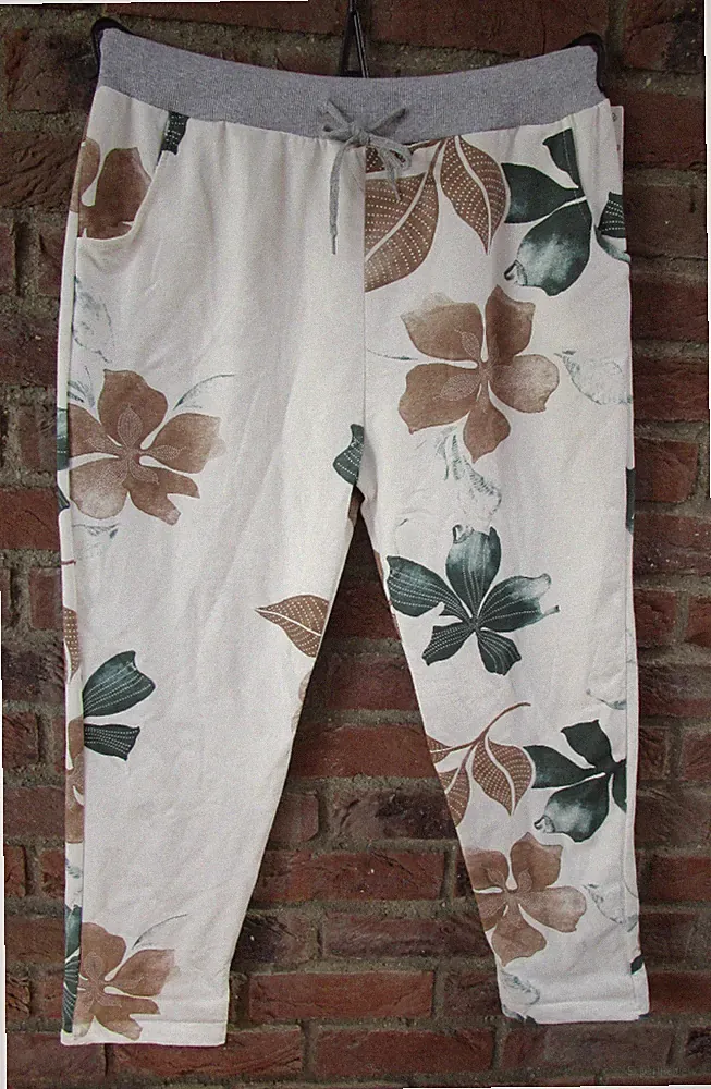 Damen Jogging Sweat Hose Jogpants Blumen Freizeit Creme-Taupe-Grau 46-48-50 S