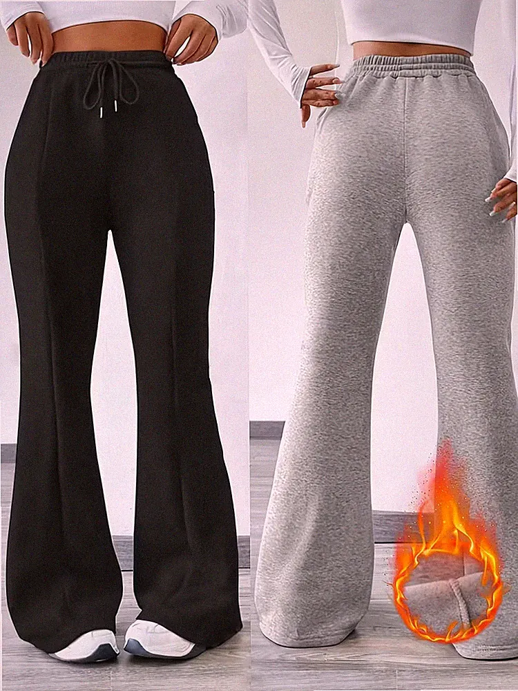 Damen Jogginghose Flare Gefüttert Winterwarm Hose Fleece Schlagbein Taschen S-XL