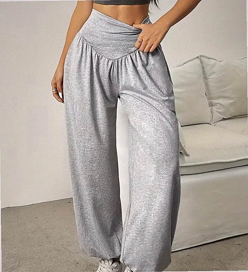 Damen Jogginghose Grau Einheitsgröße hoher Bund elastisch weites Bein Freizeit