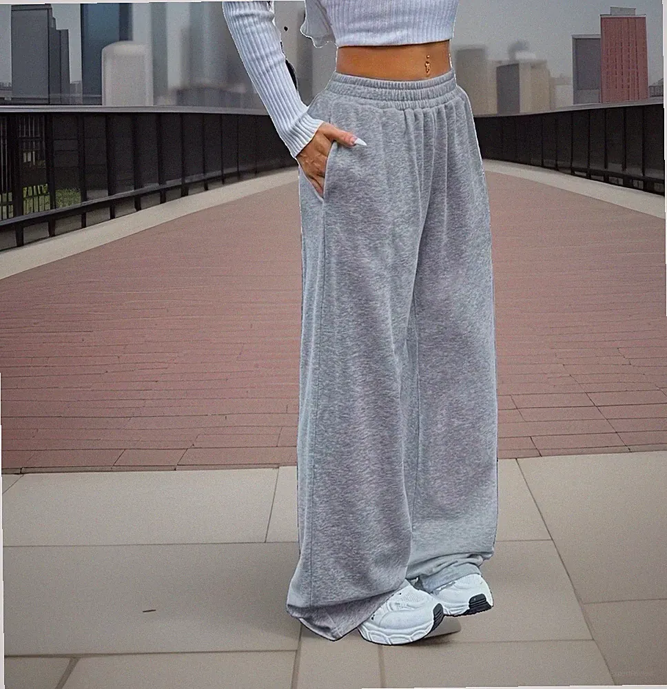 Damen Jogginghose Grau S M L XL XXL weites Bein elastischer Bund Zugband uni