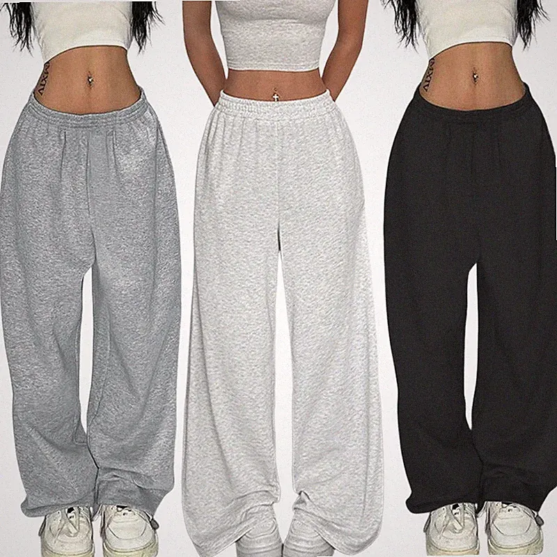 Damen Jogginghose Hohe Taille Breite Bein Solide Mode Sport Hose Baggy Hosen