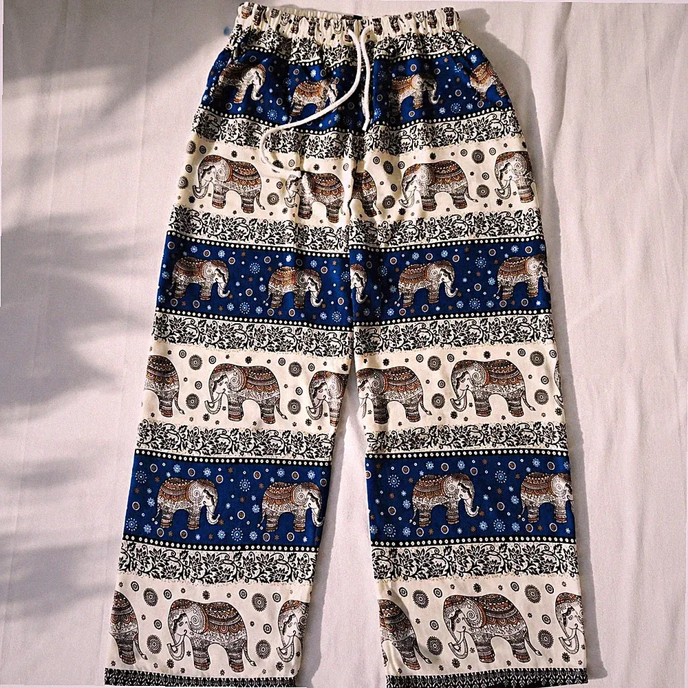 Damen Jogginghose in Boho blau/weiß Elefantenmuster elast. Bund Kordelzug Gr.40