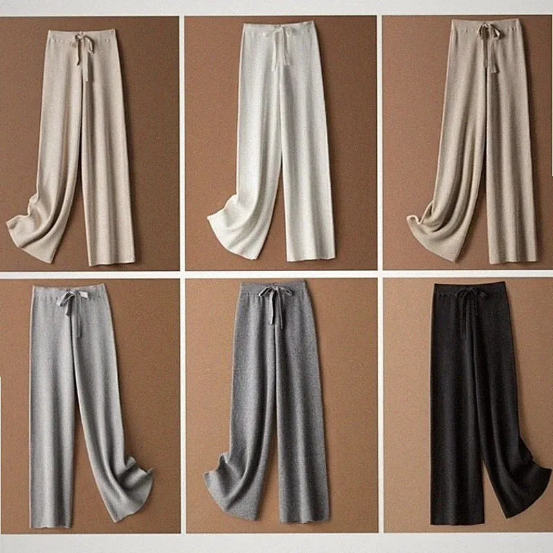Damen Kunst Kaschmir Hose Gestrickt Weites Bein Warm Hohe Taille Freizeit Baggy