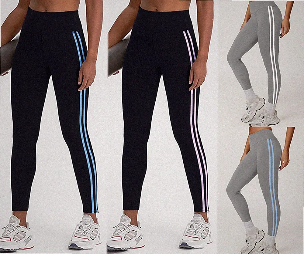 Damen Leggings lange Leggins Streifen Sport Jogginghose Fitness Trainingshose DE