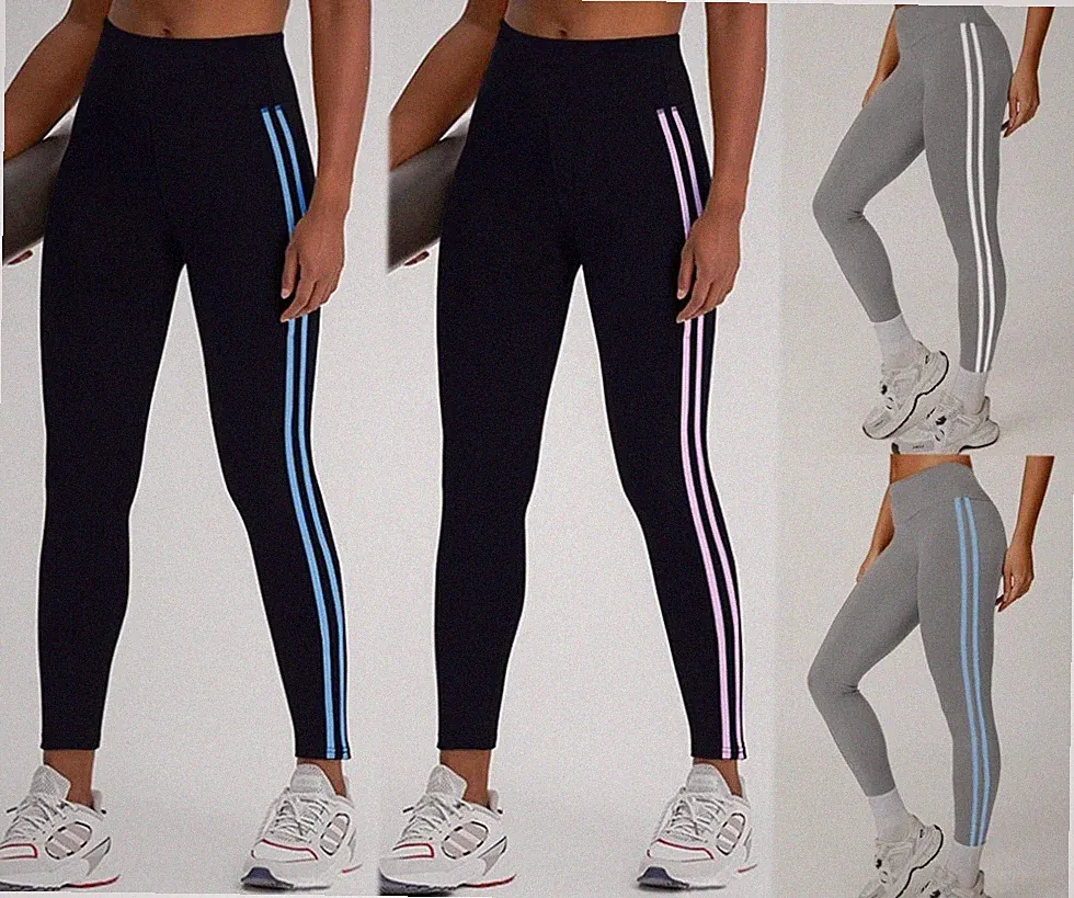 Damen Leggings lange Leggins Streifen Sport Jogginghose Fitness Trainingshose DE