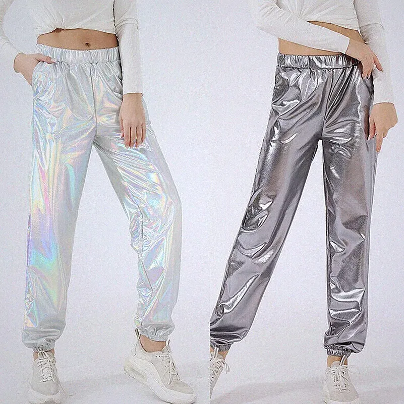 Damen Metallisch Glänzend Haremshose Hose Lack-Optik Baggy Tanz Club Party