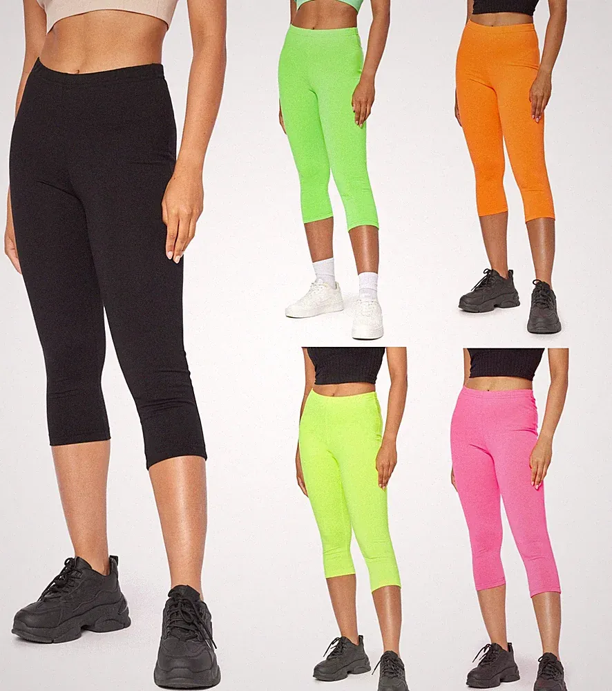 Damen Neon Leggings Sporthose Capri 3/4 Kurz Jogginghose Radlerhose 80er Jahre