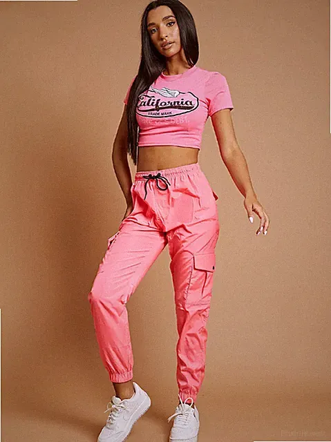 Damen Shell Cargo Jogger schmale Passform Neonfarben Sport Freizeithose UK