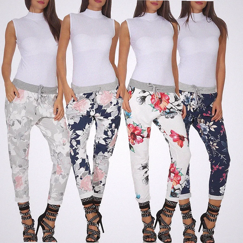 Damen Sommerhose Hose Sweatpants Jogginghose Baumwolle Freizeithose Print Blumen