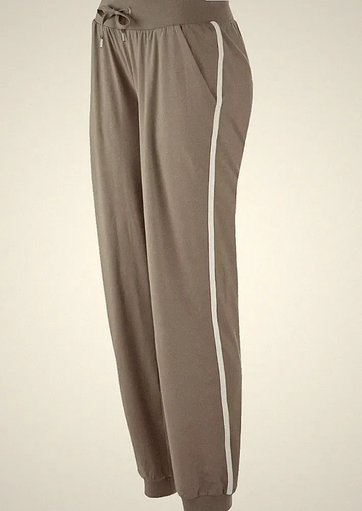 Damen Sport Jogging Hose Single Jersey Taupe Streifen Tasche 32 34 36 38 neu 036