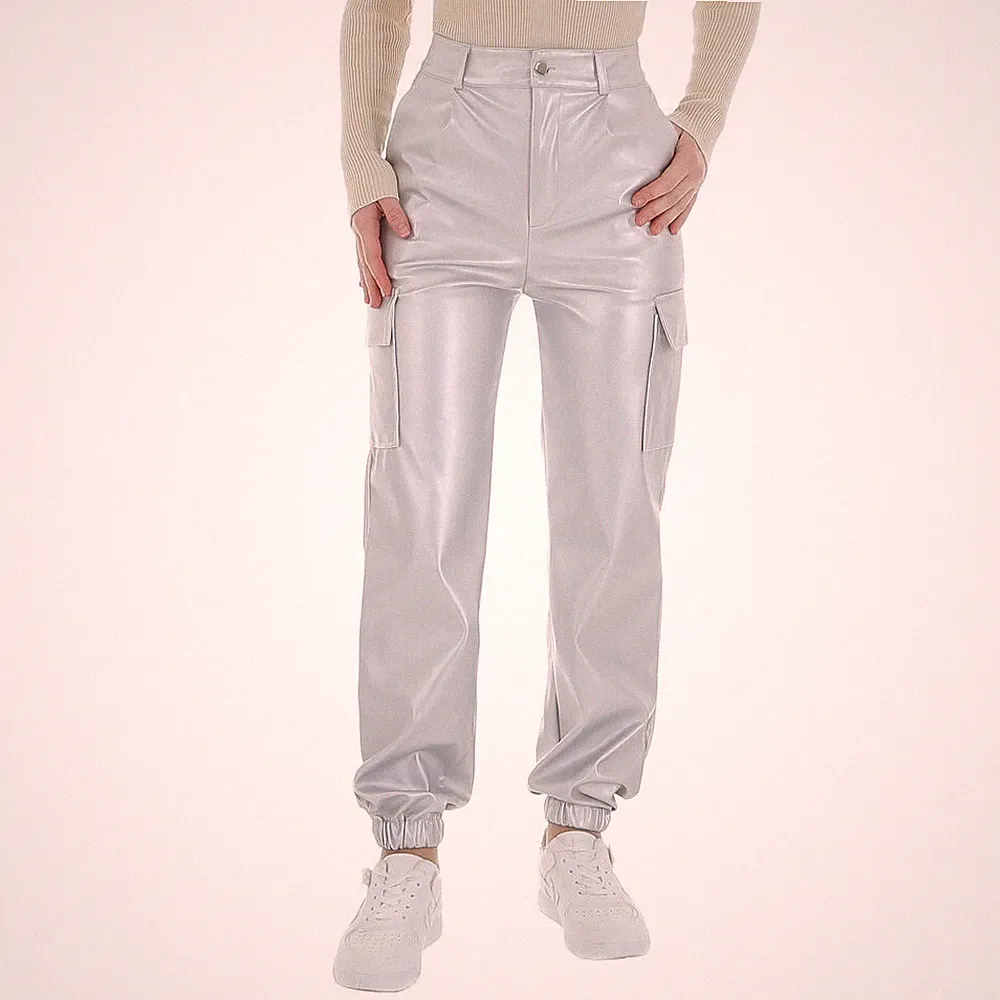 Damen Stretch Knöpfe Reissverschluss Hose 9232 Ital-design In Silber