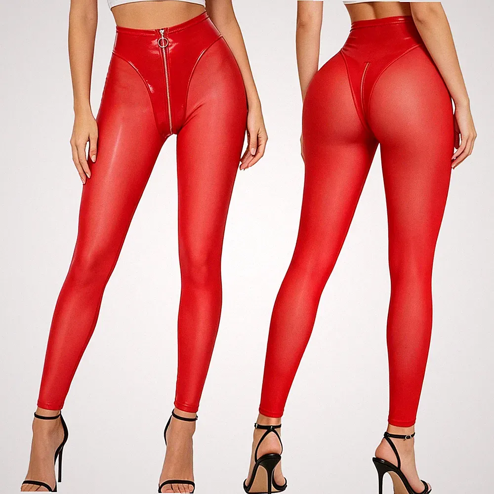 Damen Transparente Strumpfhose PU-Leder Reißverschluss Schritt Leggings Clubwear