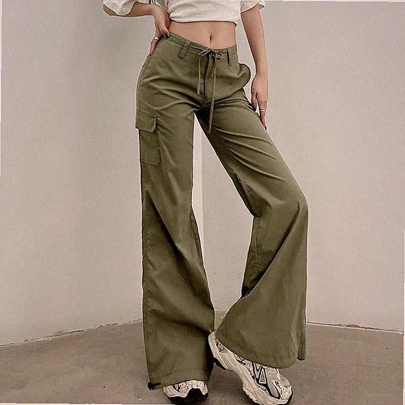 Damen Weites Bein Schlaghose Niedrige Taille Locker Freizeithose Kordelzug Hose