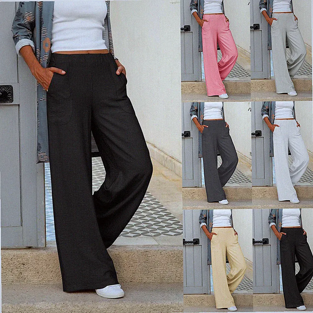 Damen Weites Stretch Baggy Hosen Sommer Freizeithose Hose Palazzo Bein Stoffhose