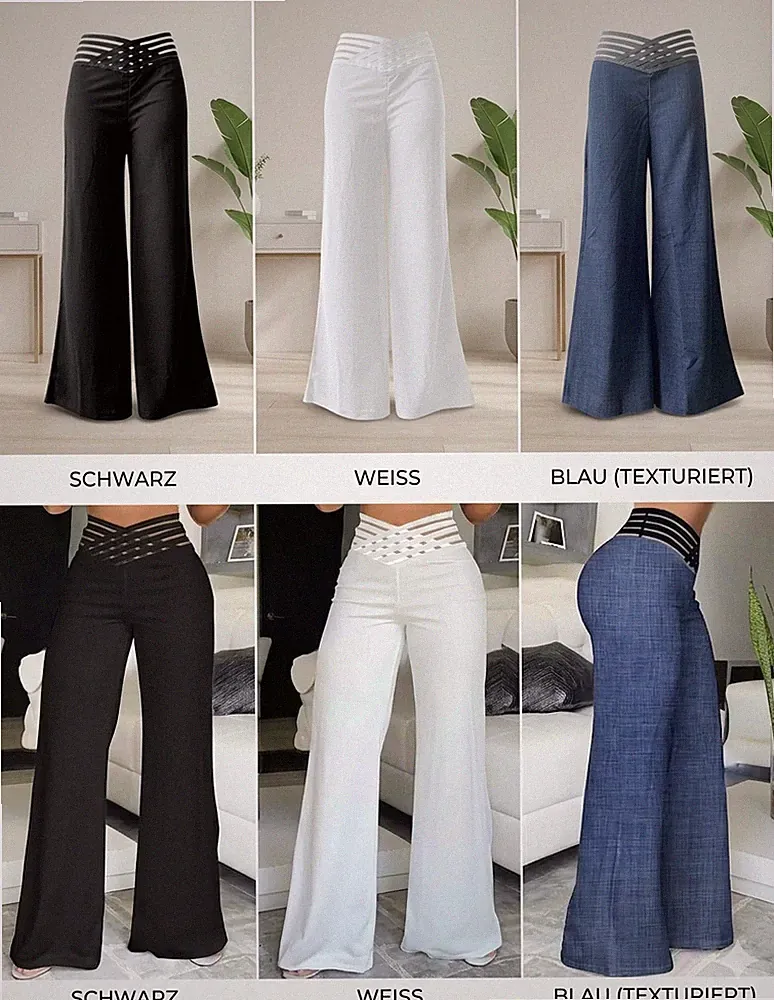 Damen Wide Leg Hose High Waist Mesh Bund Palazzo Sommerhose Weites Bein Elegant