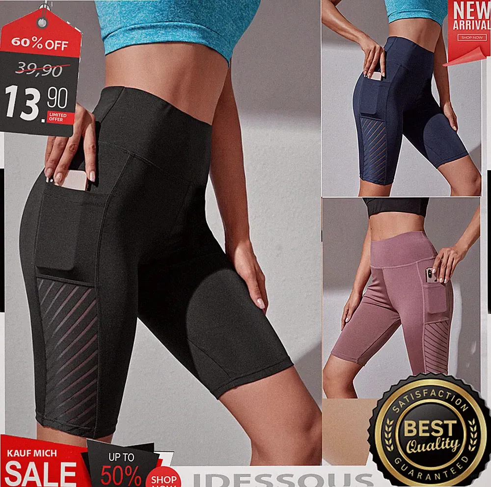 Damen Yoga Capri Leggings 3/4 mit Tasche Stretch Push Jogging kurze Hose Sport